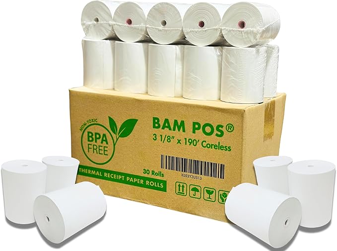 3 1/8 x 190 Thermal Receipt Paper Rolls For Most POS Systems and Receipt Printers, Compatible With Clover Station, Square Station, Toast Station, TM-T88, TSP Series (30 Rolls)-DeskLoop Office