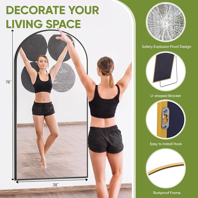 Full-Length Floor Mirror with Stand, 78"x38" Arched Style Full Body Standing Mirror for Bedroom, Living Room, Gym, Dorm - Shatter-Resistant & Easy Assembly, Black-DeskLoop Office