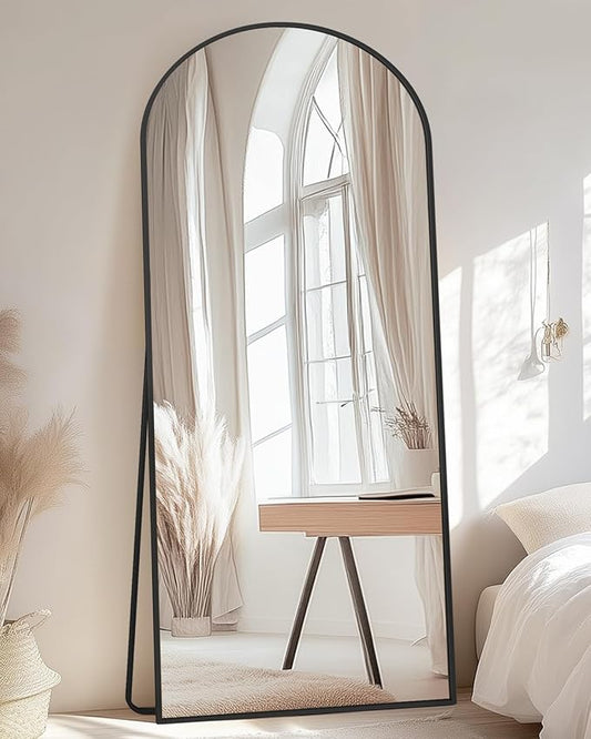 Full-Length Floor Mirror with Stand, 58"x18" Arched Style Full Body Standing Mirror for Bedroom, Living Room, Gym, Dorm - Shatter-Resistant & Easy Assembly, Black-DeskLoop Office
