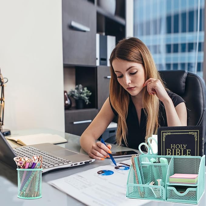 12 in 1 Green Desk Organizers & Accessories Set, Office Supplies Include Stapler - Image 3