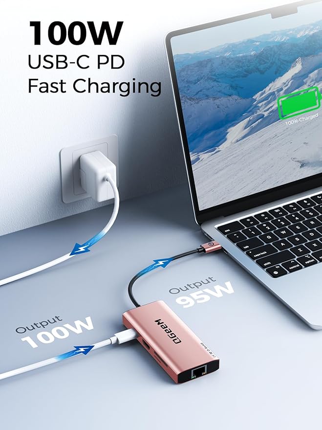 QGeeM USB C Hub Ethernet,9 in 1 USB Type C Hub HDMI Multi-Port Converter Adapter,100W Pd, USB 3.0,SD/TF Card Reader,Compatible for MacBook Pro Air Ipad HP Dell Lenovo Chromebook etc.-Pink-DeskLoop Office