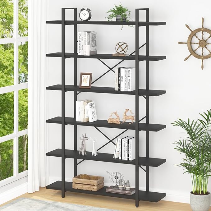 HSH 6 Tier Tall Black Bookshelf, Modern Large Storage Book Shelves & Display Book Shelf,Industrial Open Vertical Metal and Wood Black Bookcases 6 Shelf for Bedroom Living Room Office, Black Oak-DeskLoop Office
