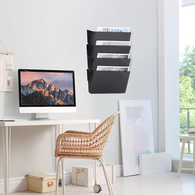 EASEPRES 4 Pack Black Single Pocket Hanging File Organizer, Plastic Wall Mount - Image 5