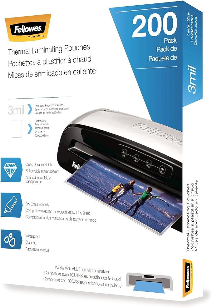Fellowes Thermal Laminating Sheets, 3mil Letter Size Pouches, 9 x 11.5, 200 Pack, Clear (5743401)-DeskLoop Office