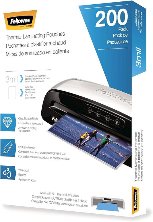 Fellowes Thermal Laminating Sheets, 3mil Letter Size Pouches, 9 x 11.5, 200 Pack, Clear (5743401)-DeskLoop Office