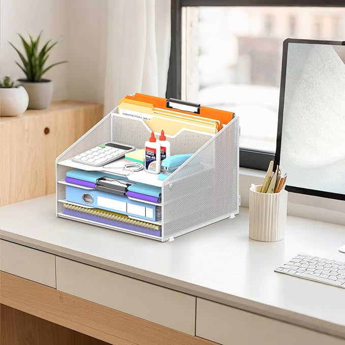 Desk File Organizer, 4 Letter Trays and 2 Upright Sections, school and - Image 7