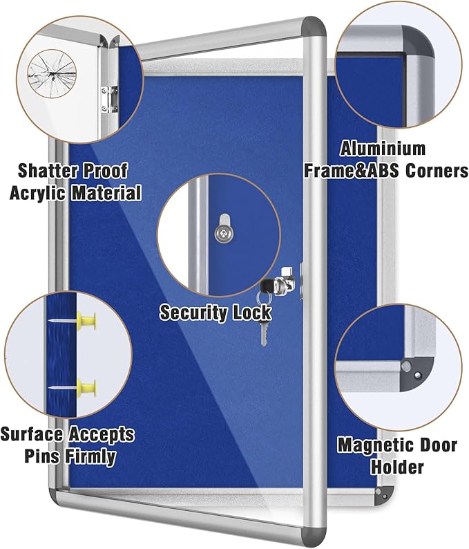 26"x20" Enclosed Bulletin Board, Lockable Weather-Resistant Aluminum Cork Noticeboard for School & Office, Silver Frame w/Blue Flet-DeskLoop Office