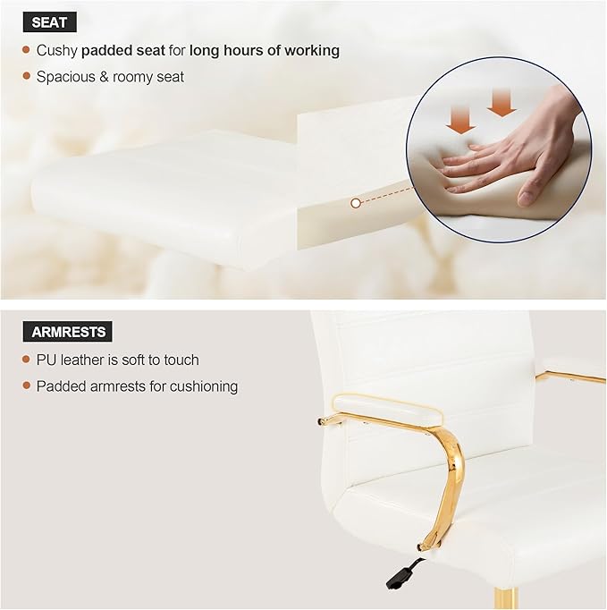 Office Desk Chair,Modern Leather Conference Room Chairs,High Back Home ofiice Chair,Adjustable Height Swivel Executive Computer Chair with Padded Seat and Armrest (White with Gold Frame)-DeskLoop Office