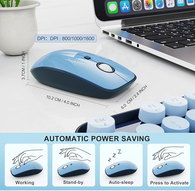 FOPETT Wireless Keyboard and Mouse Combo - 2.4G Full-Sized Cute Colorful Mouse and Keyboard with 104 Round Keys Retro Typewriter Keyboard for Laptop/Windows/PC - Blue Gradient-DeskLoop Office