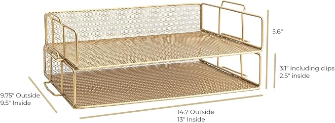 BLU MONACO | Paper Tray Stackable Gold Mesh Set of 2 | Stackable File Trays - Image 6