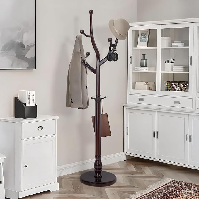 Coat Rack Tree Freestanding with Hooks, Heavy Duty Standing Wood Coat Rack with Solid Round Base, 74” Tree Shaped Coat Hanger Stand for Clothes, Hat, Jacket, Entryway Bedroom, Red Brown-DeskLoop Office