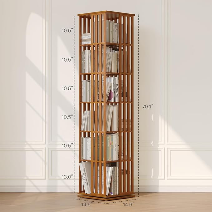 Rotating Bookshelf Tower, 360 Display Spinning Bookcase, Bamboo Bookshelf Floor Standing Storage Rack, Wood Narrow Book Shelf Organizer for Kids&Adults, Walnut 6 Tier-DeskLoop Office