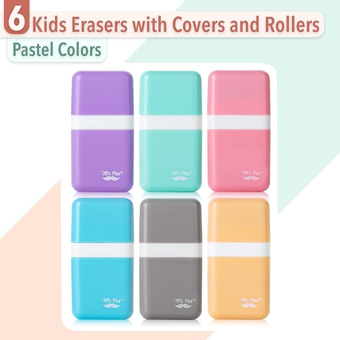Mr. Pen- Eraser with Cover and Roller, 6 Pack, Pastel Colors | Cute Erasers - Image 2