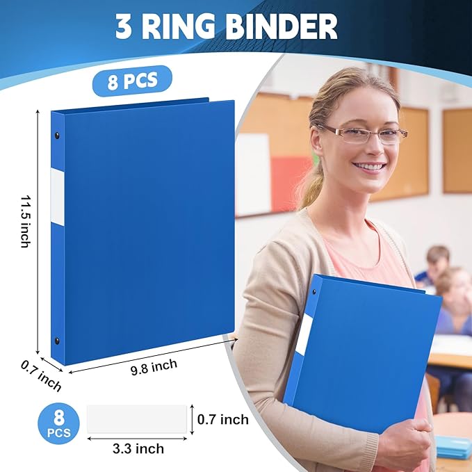 Henoyso 8 Pcs 3 Ring Binder 1/2'' Round Fits Letter Size 8. 5'' x 11'' Paper Plastic Flexible Binder Holds 100 Sheets with 1 Pockets Versatile Organizer for Office Home School (Blue)-DeskLoop Office