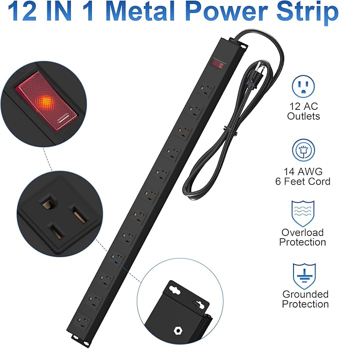 12 Outlet Long Power Strip with 15A Circuit Breaker,Black Wall Mount Heavy Duty Power Strip with 6FT/14AWG/15A/125V Extension Cord for Industrial,Garge,Office,Home and School,Black(6FT)-DeskLoop Office