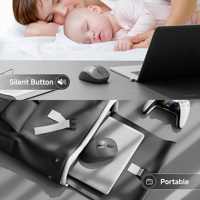 EWEADN Q5 Wireless Mouse, Bluetooth & 2.4G Quiet Computer Mouses with 1600 DPI, Battery Level Display, Ergonomic Office Mouse,6 Button Portable Cute Cordless Mice for Laptop/PC/Mac- Black-DeskLoop Office