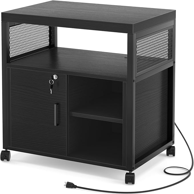 Unikito Lateral File Cabinet, Locking Office Filing Cabinets with Socket and USB Charging Port, Modern Rolling Printer Stand with Storage for A4, Letter Size and File Folders, Black-DeskLoop Office