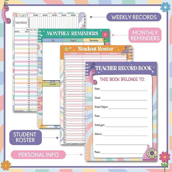 Fuyoooo Retro Remix Teacher Record Book Teacher Grade Books 2026-2027 Spiral - Image 4