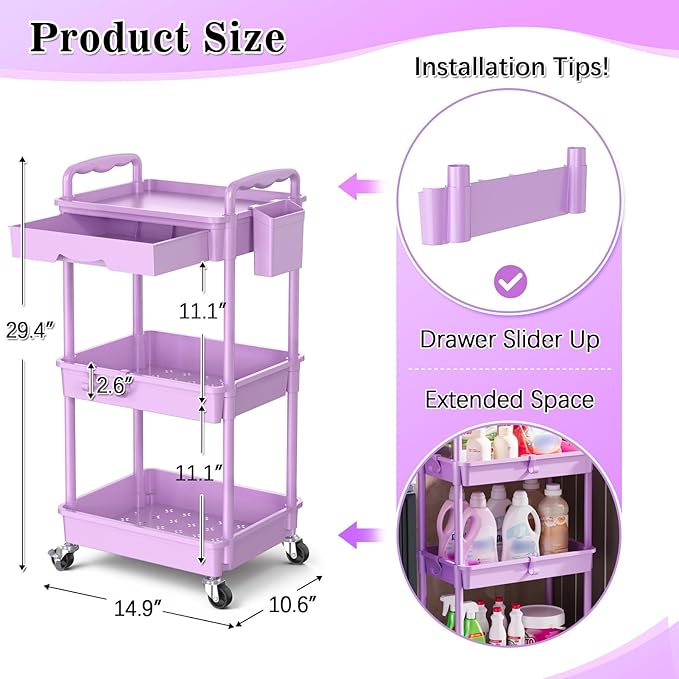 SUNALLY 3 Tier Rolling Cart Organizer - Image 3