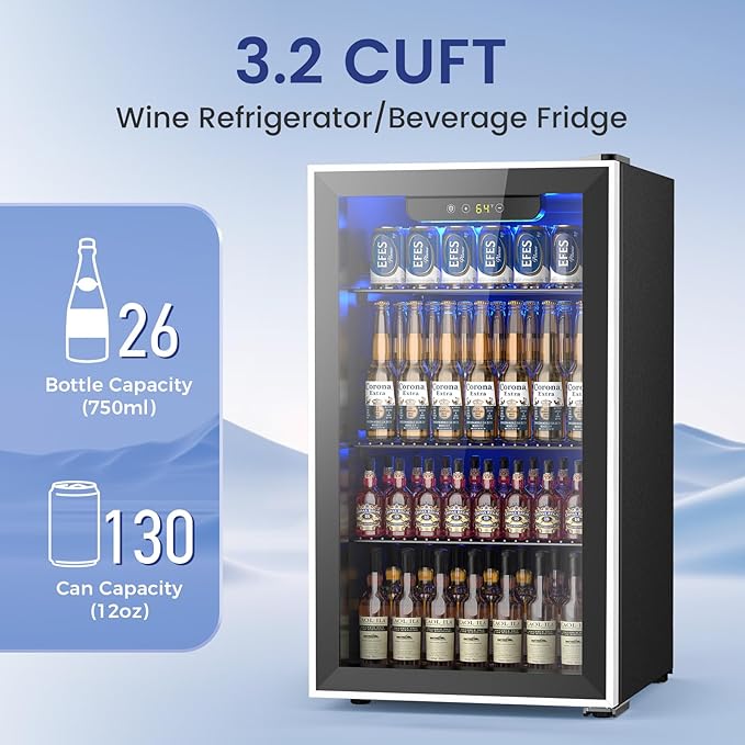 26 Bottle Wine Cooler 130 Can Beverage Refrigerator, Small Freestanding Cabinet Wine Cellar with 40℉-61℉ Temperature Control Glass Door, Black-DeskLoop Office