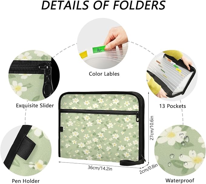 Pale Green and Yellow Flowers Accordion File Organizer Expanding Document Folder - Image 3