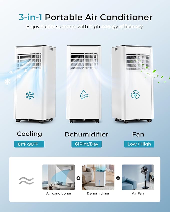 EUHOMY 10,000 BTU Portable Air Conditioners Up to 450 sq.ft, 3-1 Standing Smart Cooling AC with Remote, Dehumidifier, Fan, Air Conditioner Cools Room, 3 Modes, 24-hour timer, LED Display, Bedroom-DeskLoop Office
