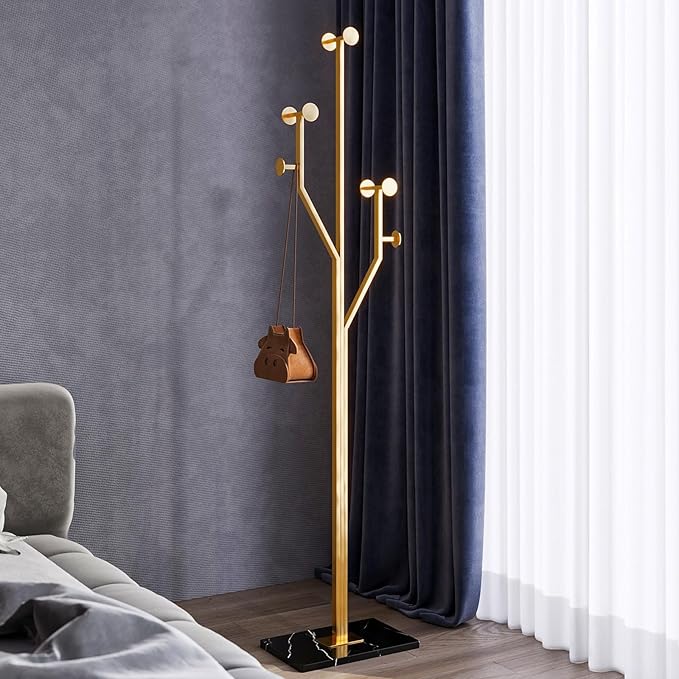 Gold Coat rack,Sturdy coat tree freestanding heavy duty with Marble Base,Metal standing coat rack for Bedroom,Entrance,Modern coat hanger stand for Coats,Hats,Bags(gold)-DeskLoop Office