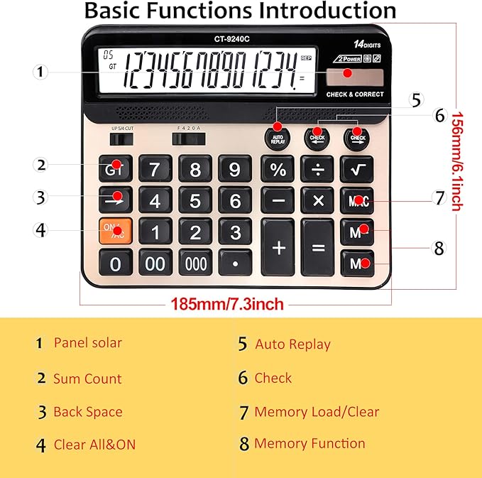 Large Button Calculator,Philley Large LCD Display 14 Digits Desktop Check&Correct Electronic Calculator(CT-9240C)-DeskLoop Office