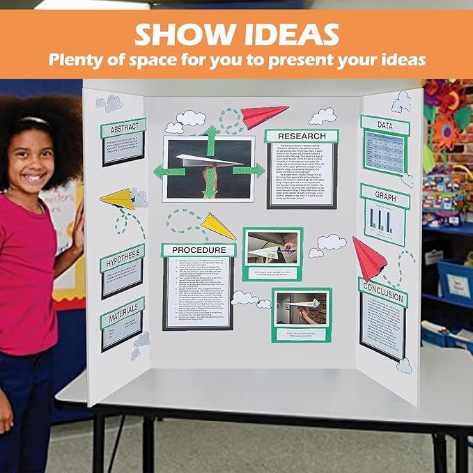 4 Pcs Trifold Display Board 36"x 48" Large White Presentation Board with Board Headers 4 Science Subtitles 32 Black Edge Self Adhesive Paper Poster Board for School Projects and Business Presentations-DeskLoop Office