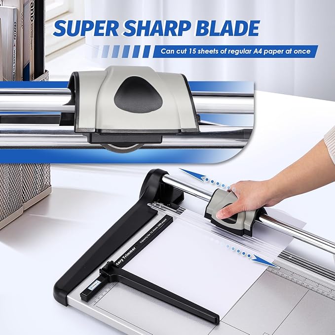 Rotary Paper Trimmer, 15 Sheets Heavy Duty Paper Trimmer, 360mm(14.17") Cutting Length, Commercial Grade Rotary Paper Cutter for Home/Office/School, Black & Silver-DeskLoop Office