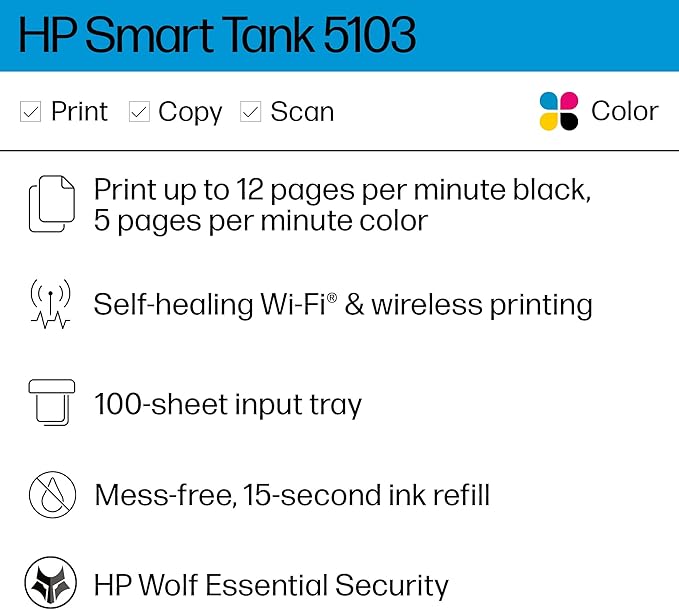 HP Smart Tank 5103 Wireless All-in-One Refillable Ink Tank Printer, Scanner, Copier with 2 Years of Ink and 100 Sheets of Photo Paper Included, Best for Home (5D1B2A)-DeskLoop Office