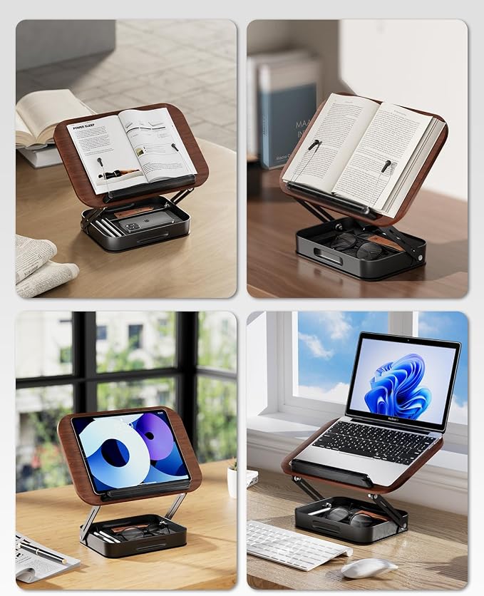 Adjustable Book Stand with Storage Drawer, 360° Rotating Book Holder, Height & - Image 2