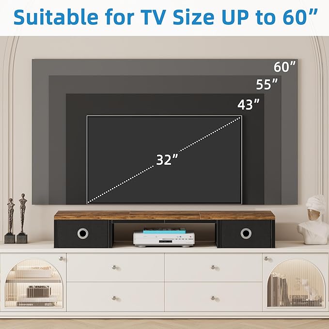 45" Large TV Riser with Fabric Drawers for 32-60 inch TV, TV Stand Riser with Steel Legs, Tabletop TV Riser Shelf, Monitor Stand Riser for Home Office, Rustic Brown-DeskLoop Office