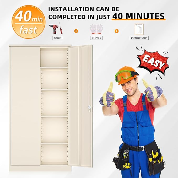 INTERGREAT Metal Storage Cabinet with Lock,72 Tall Armoire Wardrobe Closet with Doors,Cream Grey Storage Closet Cabinet with Adjustable Shelves and Removable Hanging Rods-DeskLoop Office