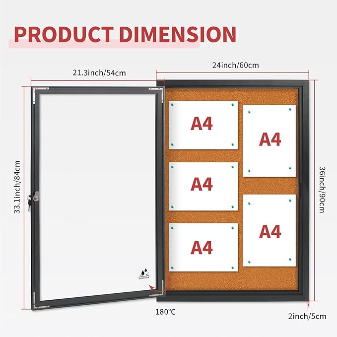 Enclosed Bulletin Board,Outdoor Weatherproof Cork Noticeboard with Locking Door, Wall-Mounted Black Aluminum Frame,Display Case Message Board for Office Home,36x24 Inch (5xA4)-DeskLoop Office