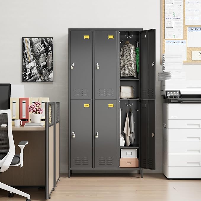 6 Doors Metal Locker for Employees with 18 Hooks and Business Card Holder,Metal Locker with Ventilation Holes for School Garage Office Gym Home,Assembly Required,Black-DeskLoop Office