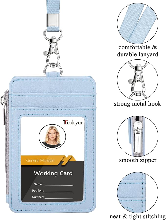 Teskyer ID Badge Holder with Lanyard, Lanyard Wallet, Lychee Cyan | 4-Card - Image 2