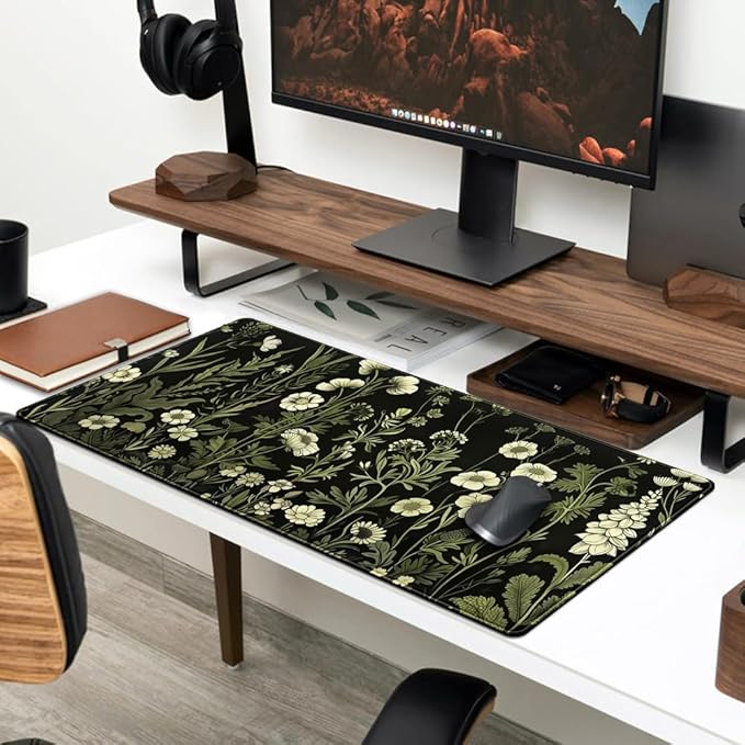 Floral Green Plant Mouse Pad Aesthetic Vintage Desk Pad Black Extended Mouse Pad Large Desk Mat for Desktop Keyboard Pad and Office Home Work Mouse Pad XXL Laptop Computer Mat 31.5 X 11.8 in-DeskLoop Office