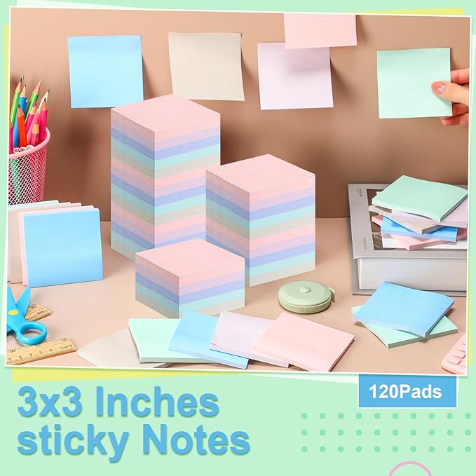 Fainne 120 Pack Sticky Notes Bulk Back to School Supplies Self Stick Note Pads Paper Memo for Office First Day of School Student Teacher Essentials (3x3 Inch,Cute Color)-DeskLoop Office
