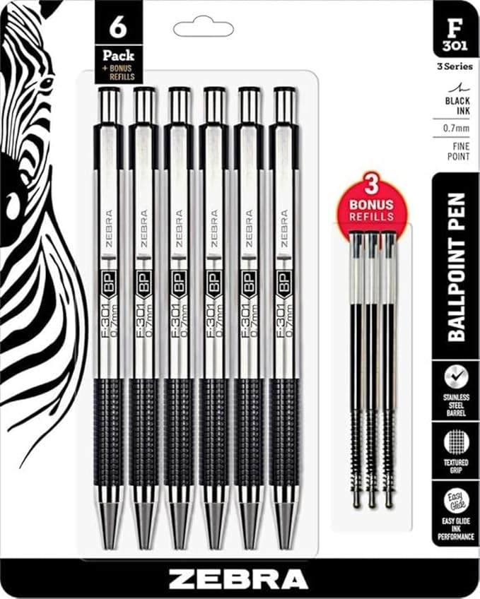 Zebra Pen F-301 Retractable Ballpoint Pen, Stainless Steel Barrel, Fine Point by ZebraPen