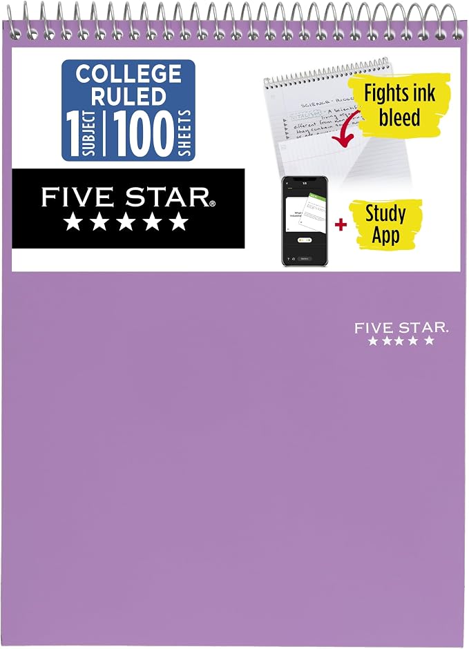 Five Star Top Spiral Notebook + Study App, 1 Subject, College Ruled Notepad by FiveStar