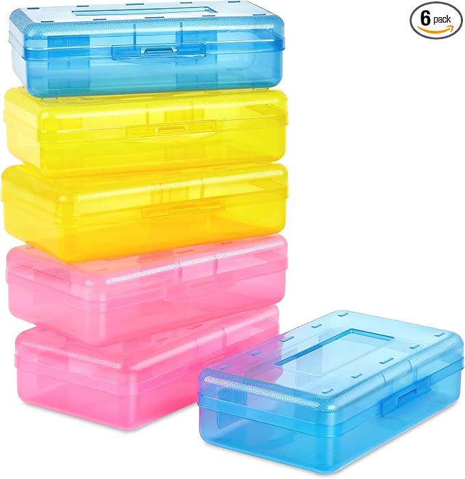 Sooez Plastic Pencil Case Box 6 Pack, Colored Large Craft Storage Bulk by Sooez