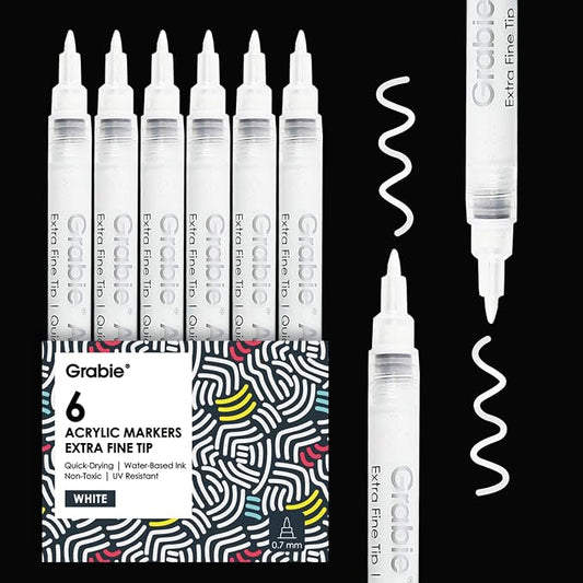 Grabie 6 White Extra Fine Tip Acrylic Paint Marker Set, 6 Pack, 0.7mm Acrylic by Grabie