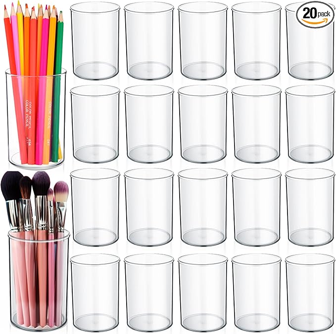 Crtiin 20 Pack Clear Acrylic Pen Holder Makeup Brush Round Pencil Holder for Desk Pen Cups Desk Organizers and Storage Desktop Stationery Organizer for Office School Home Supplies-DeskLoop Office