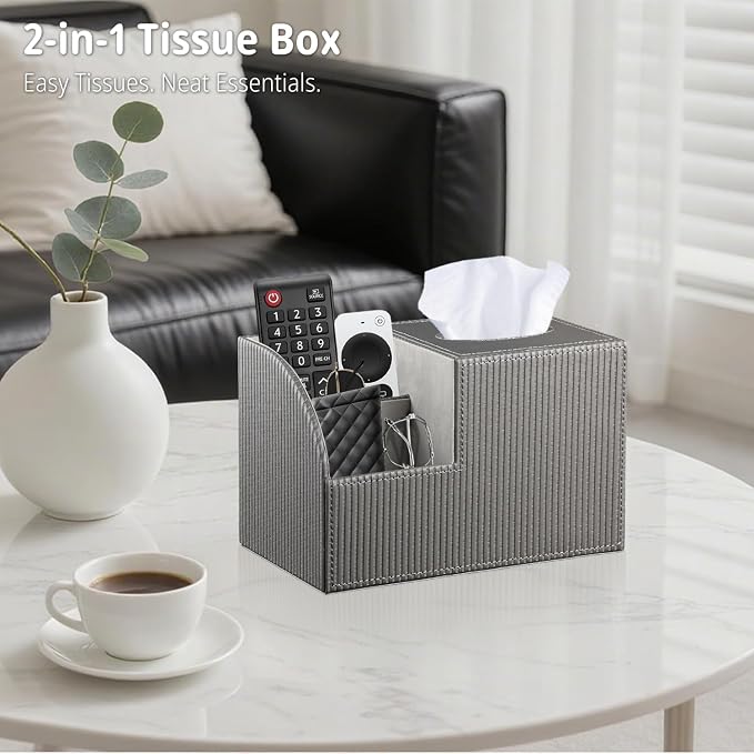 Square Tissue Box Cover with Storage, PU Leather Cube Tissue Box Holder - Image 3