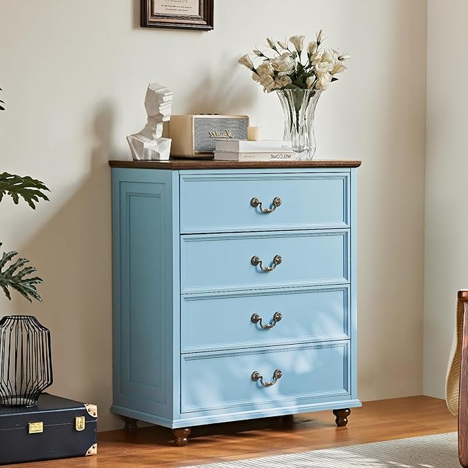Farmhouse 4 Drawer Dresser for Bedroom, 37" Tall Rustic Chests of Drawers w/ 4 Solid Wood Feet, Mid Century Modern Wooden Closet Storage Dressers Organizer for Living Room, Hallway, LightBlue-DeskLoop Office