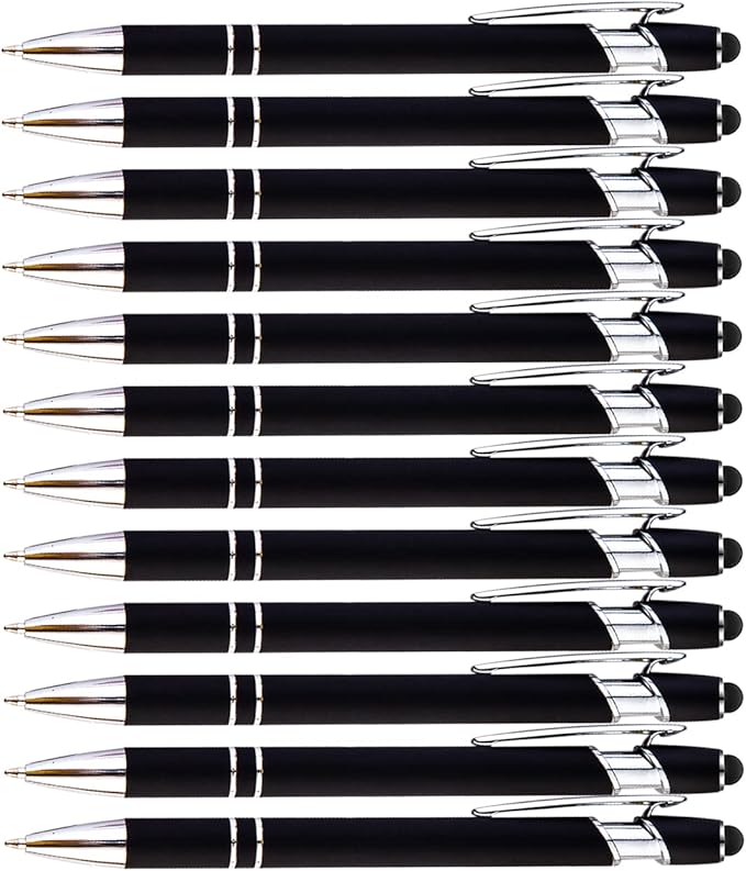 PASISIBICK 12 Pieces Black Ballpoint Pen with Stylus Tip, 2 in 1 Stylus Pen, Premium Metal Stylus Pen for Touch Screens, Black Ink, 1.0 mm Medium Point(12 Black)-DeskLoop Office