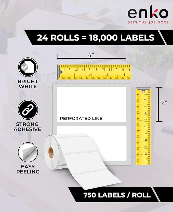 enKo 4" x 2" Labels for Zebra Desktop Printers (24 Rolls | 18,000 Labels) - Direct Thermal Address Mailing Shipping Barcode FBA Stickers FNSKU Label for Zebra and Eltron (Perforated)