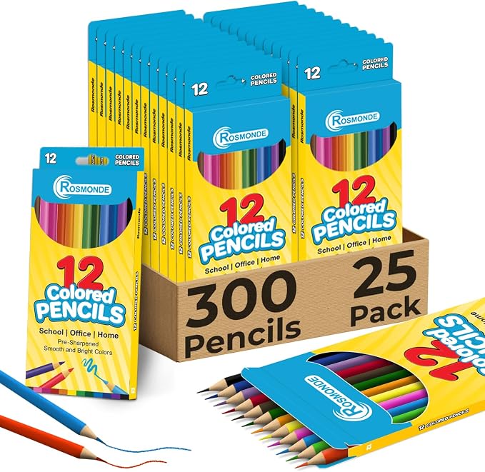 Rosmonde Colored Pencils Bulk 25 Pack | 300 Pencils, 12 Bright Colors, Easy Grip by Rosmonde