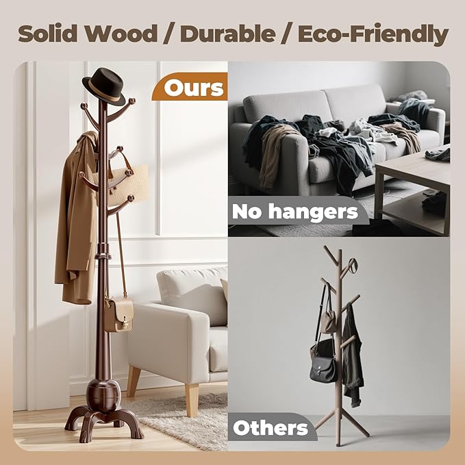 Wood Coat Rack Freestanding, Solid Wooden Hall Tree with 8 Hooks, Coat Tree Freestanding Heavy Duty with Stable Base, Entryway Hallway Bedroom Office Use, 240lbs Load Capacity H:71.6in (Black)-DeskLoop Office